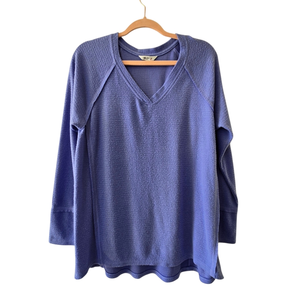 Wildfox Fuzzy Fleece Waffle Weave Thermal V Neck Longsleeve Sweater Top Medium